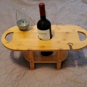 Wood wine bottle and glass holder